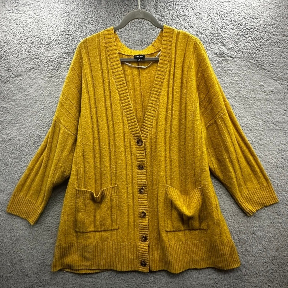 Torrid Size 3 Mustard Yellow Ribbed Knit Button Front Cardigan Sweater Comfort